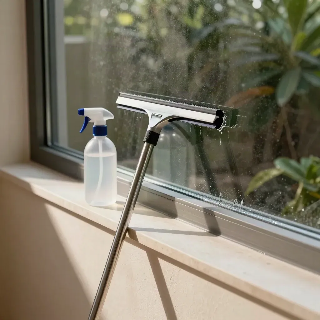 Kaca tingkap berkilat dengan rel squeegee, semburan sanitasi dan trek tingkap yang bersih.