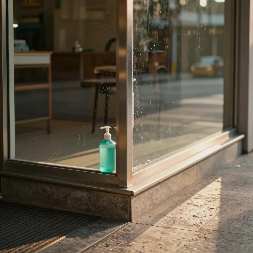 Tingkap kedai Johor yang bersih dengan bingkai berkilat, botol sanitizer dan tikar ambang kemas.