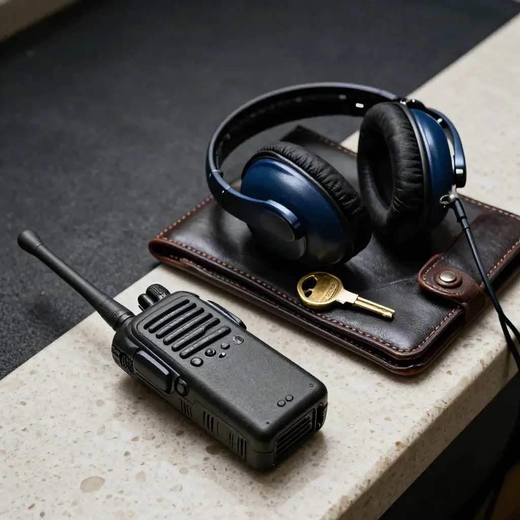 Radio dua hala, headset navy, kunci brass dan tablet tertutup di atas batu travertin.