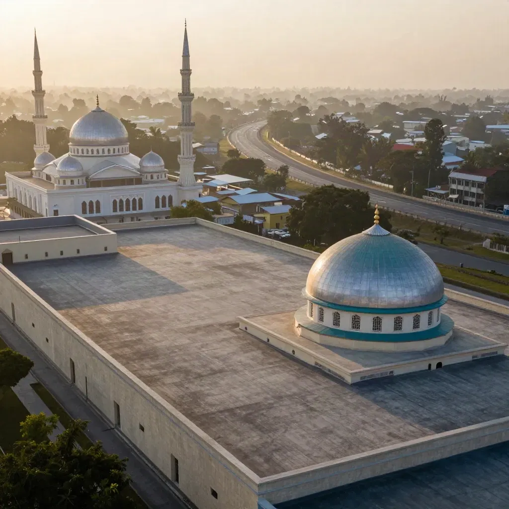 Masjid Shah Alam dan lebuh raya dalam kabus emas pagi di Selangor Tengah.