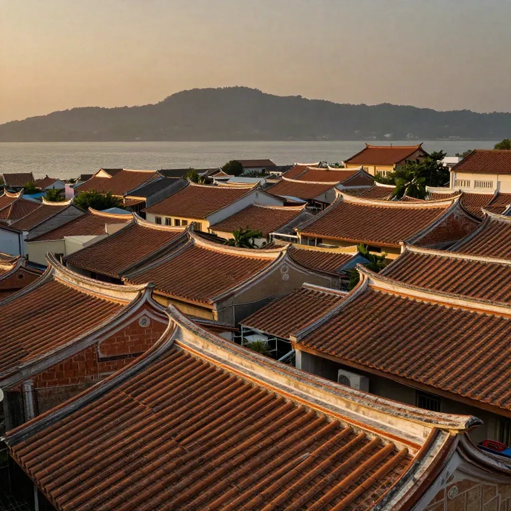 Bumbung terrakota George Town berselimut jerebu senja, siluet Bukit Bendera di kejauhan.
